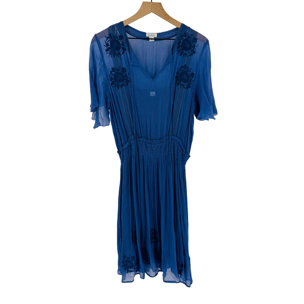 Sundance Blue Floral Embroidered Sheer Smocked Midi Peasant Dress Size PXL